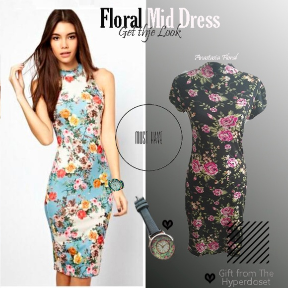 FLORAL PRINT MOCK NECK BLACK MID DRESS ANASTASIA - Picture 1 of 8